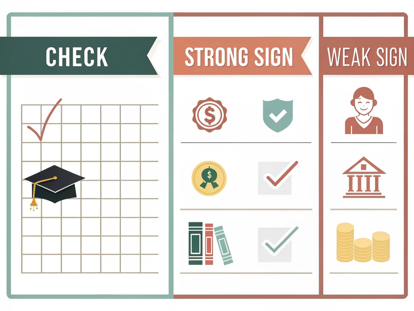 Infographic checklist showing strong and weak internship indicators for pay, structure and learning.