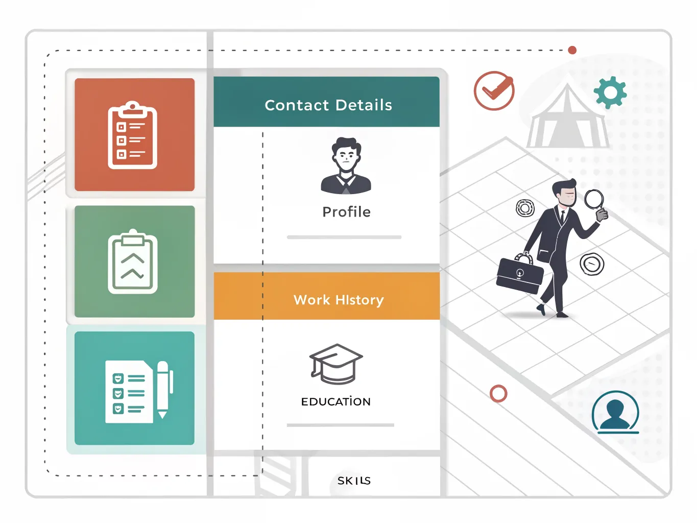Infographic illustrating the main CV sections recruiters check: contact details, profile, work history, education and skills.