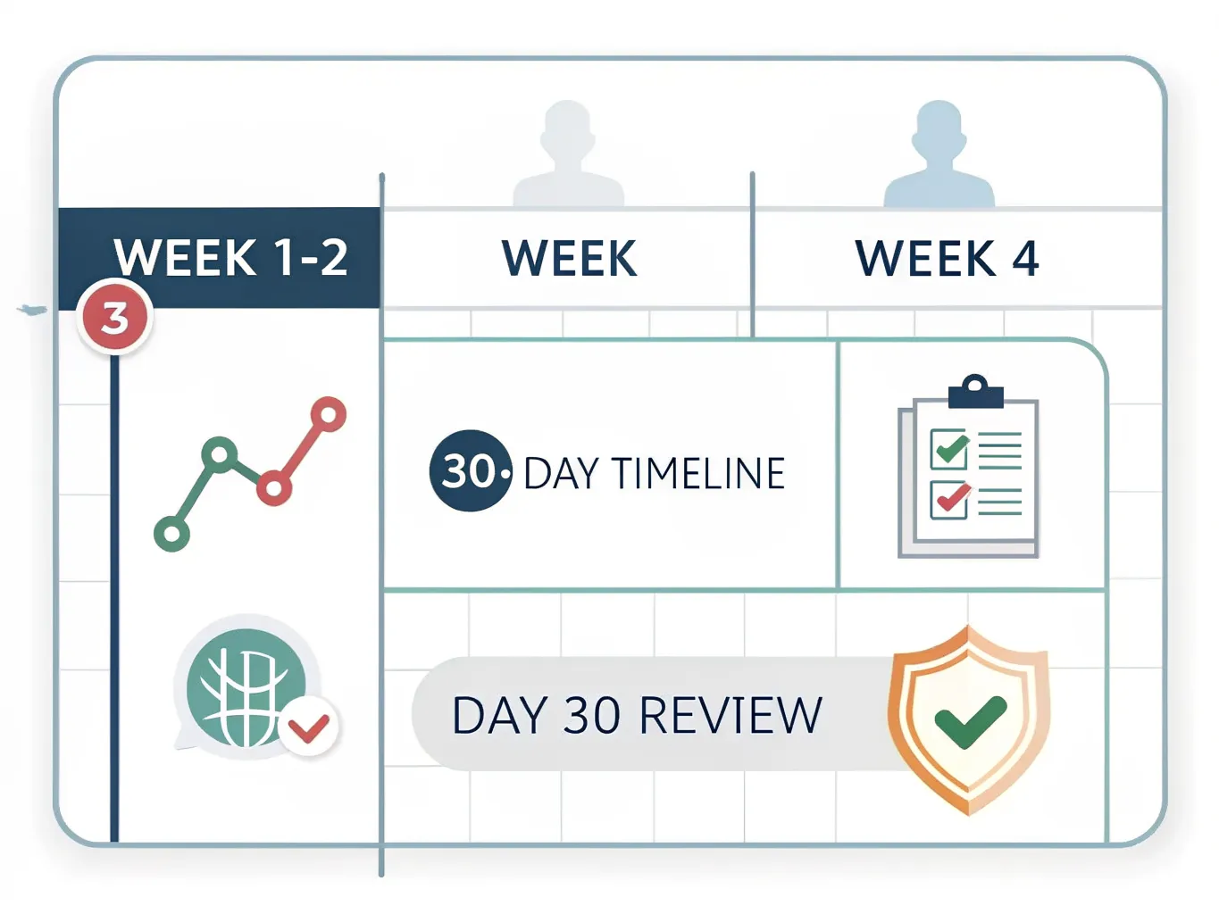 Timeline infographic presenting a simple 30-day plan for introducing AI in a small business.