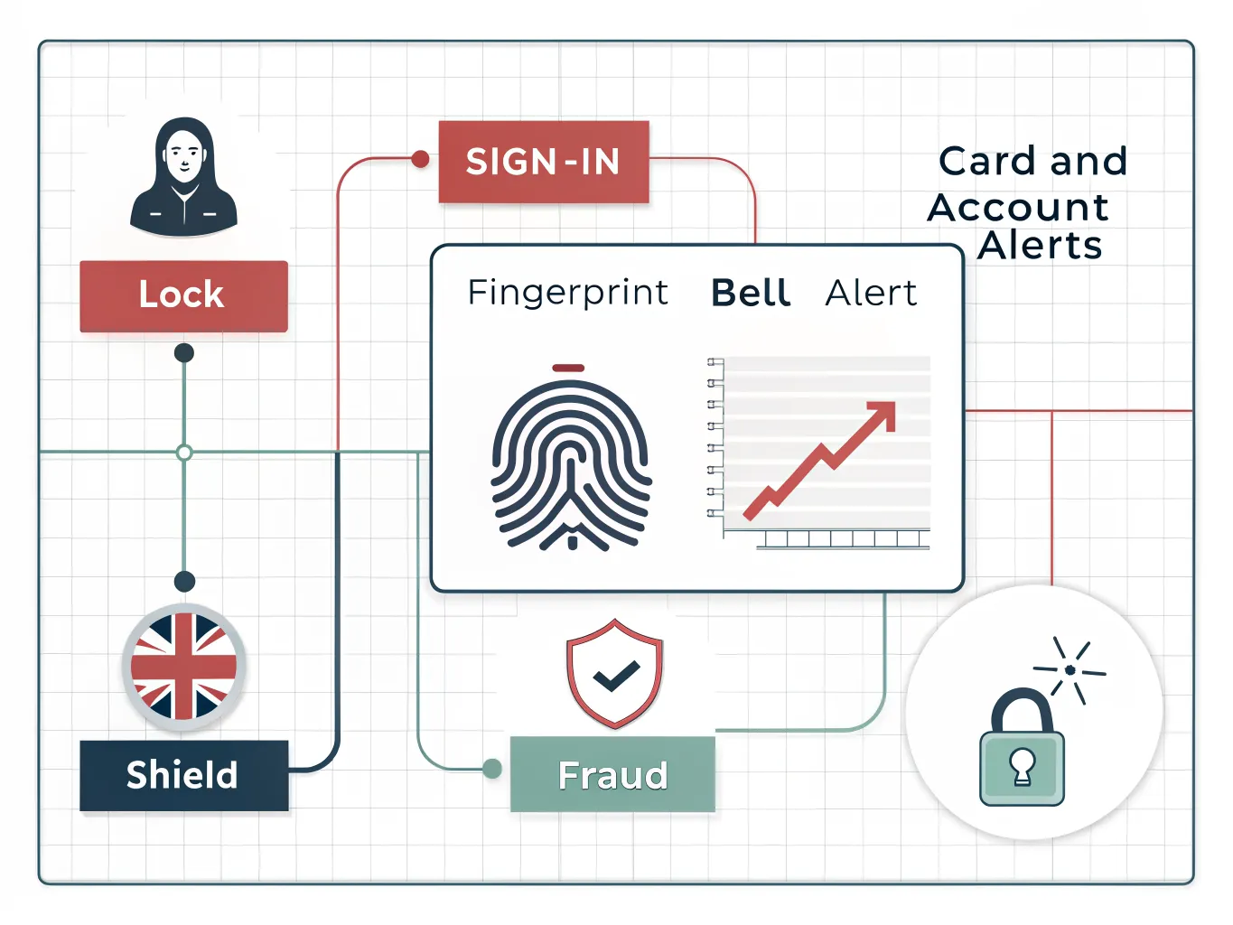 Infographic highlighting mobile banking security features including biometric sign-in, alerts, new payee checks, transfer limits and confirmation steps.