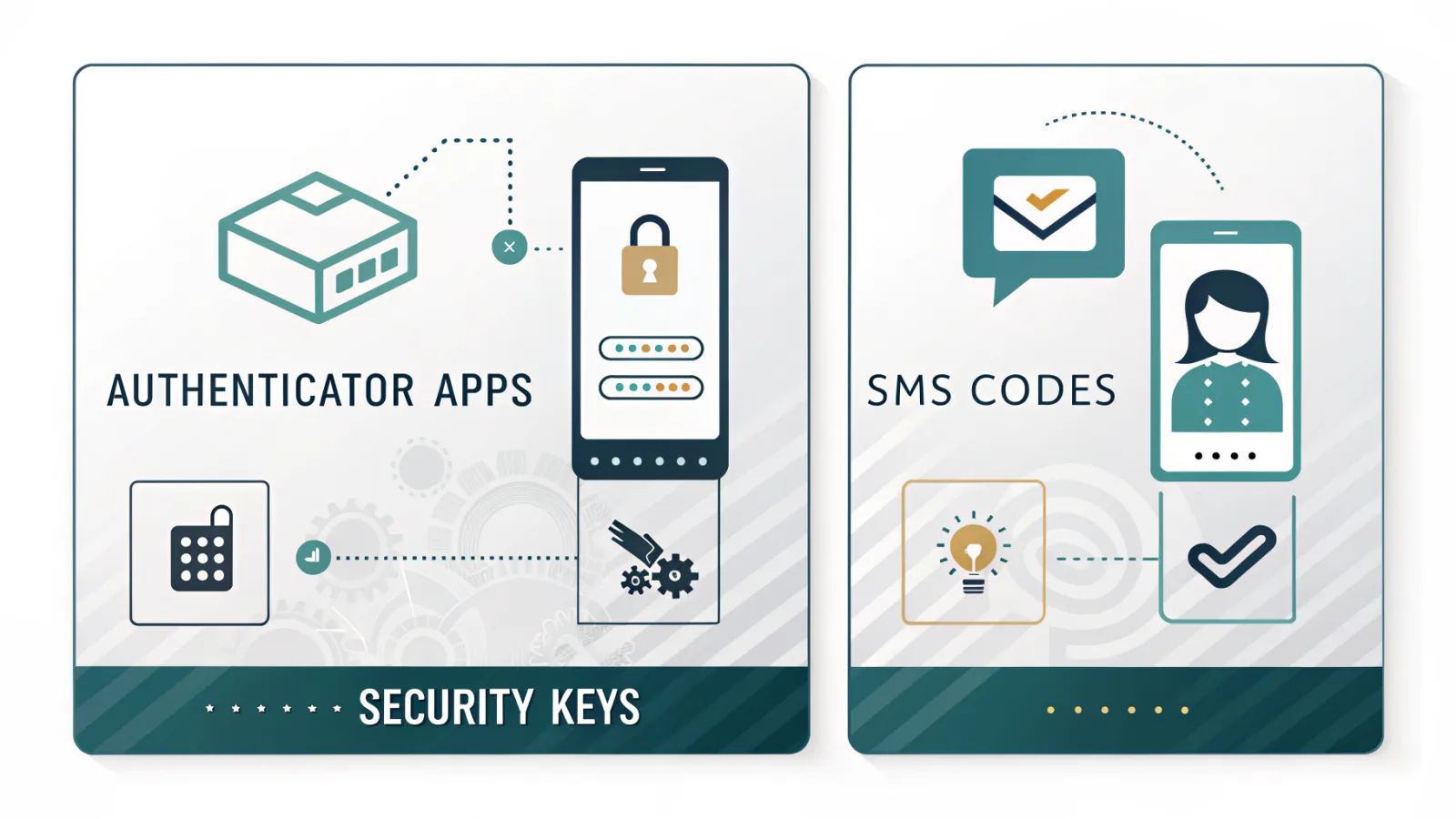 Infographic comparing authenticator apps, SMS codes and security keys, with brief security and recovery labels.
