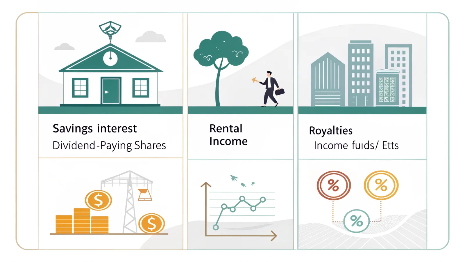 Comparison infographic style presenting beginner passive income ideas side by side with brief labels.