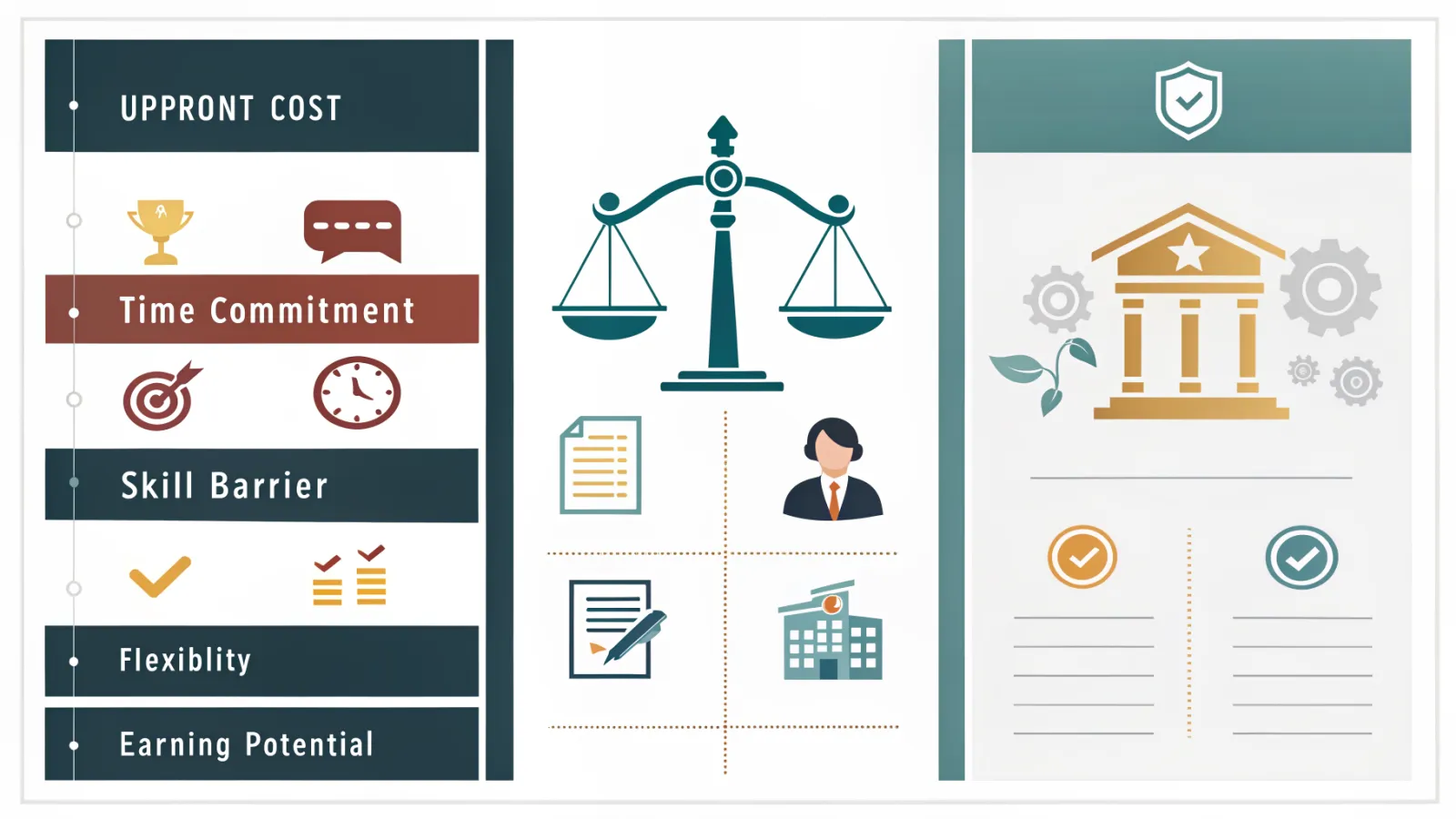Comparison visual sorting side hustles by cost, time and skill.