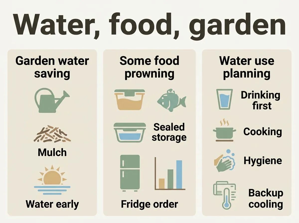 Infographic checklist for preparing gardens, food storage and water use during El Niño conditions in South Africa.