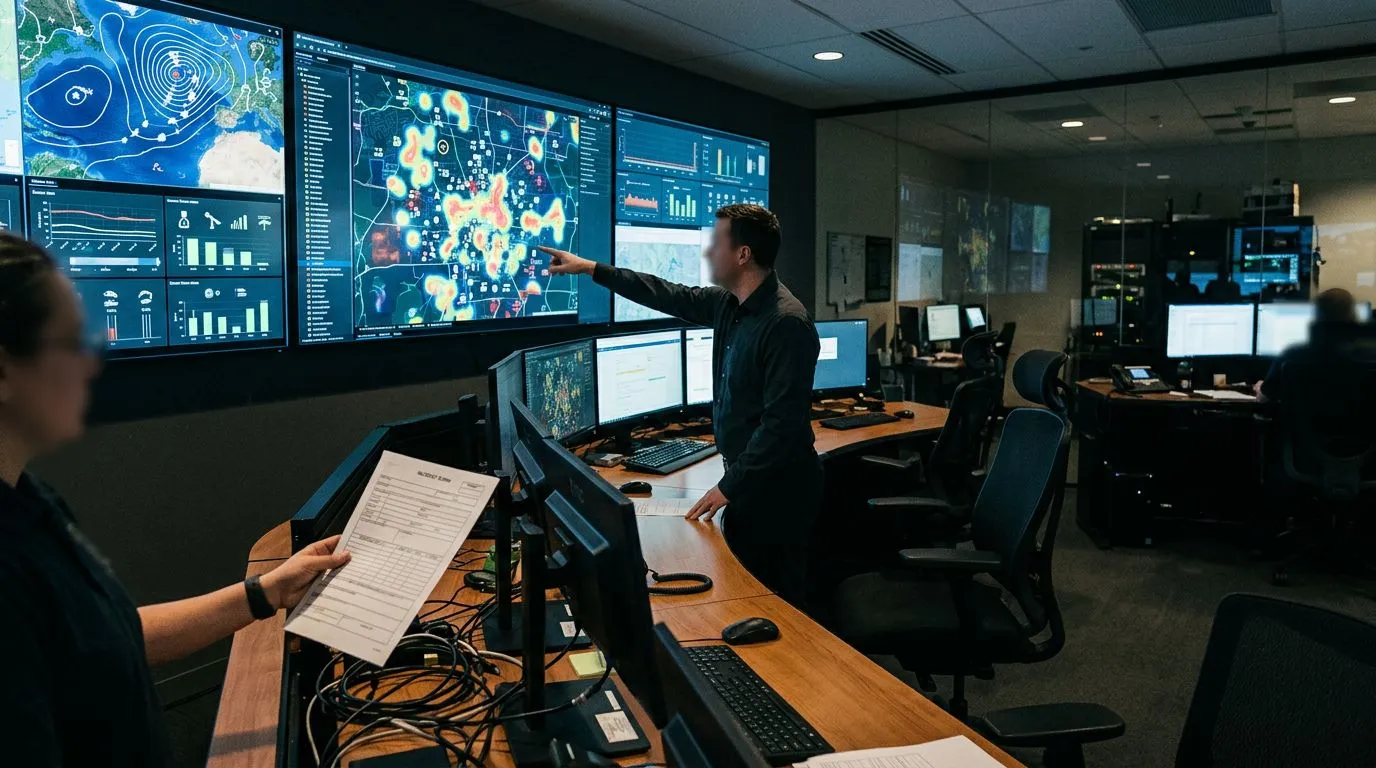 Illustration-like but realistic city control room with sensor and weather data on screens, no readable text, no identifiable people.