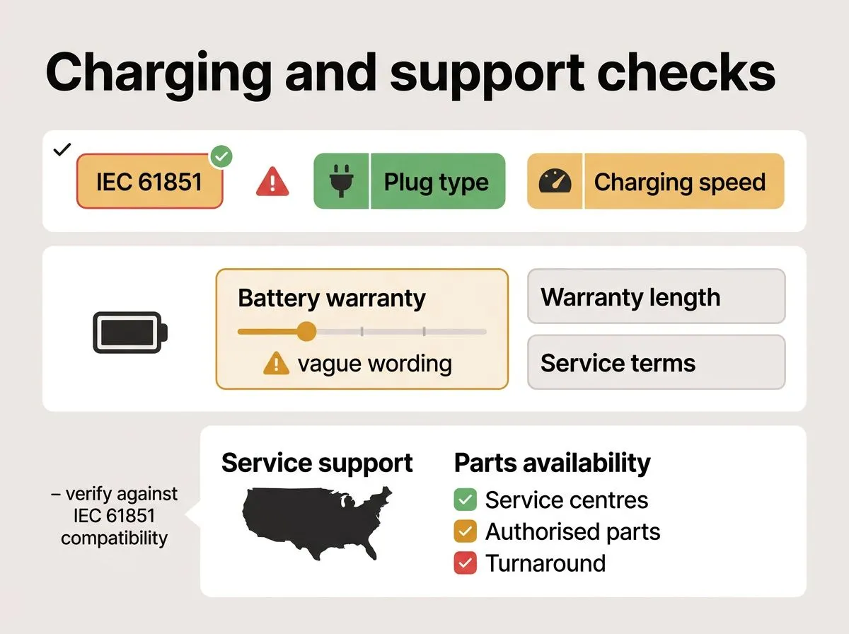 Infographic checklist for EV charging compatibility, battery warranty terms, and service support