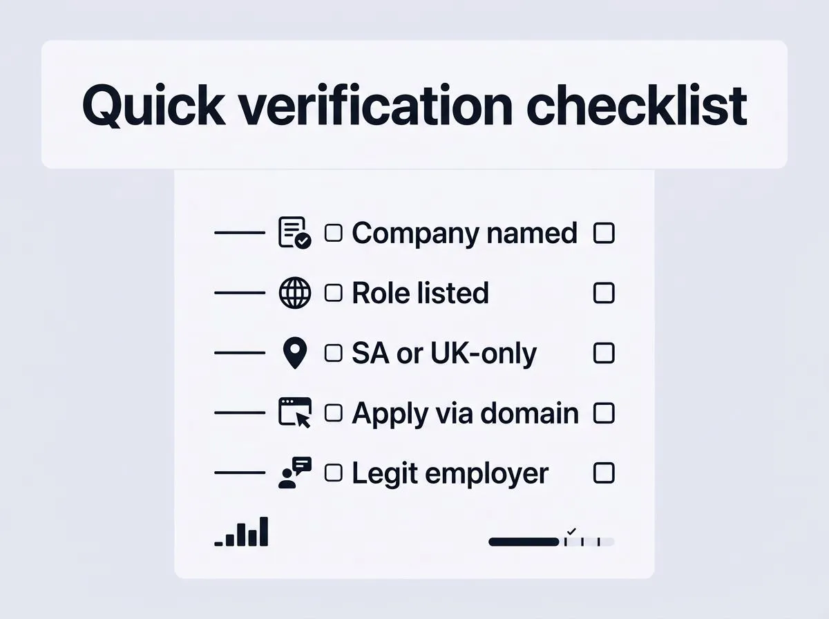 Infographic-style verification checklist for remote job adverts, with icons and short labels.