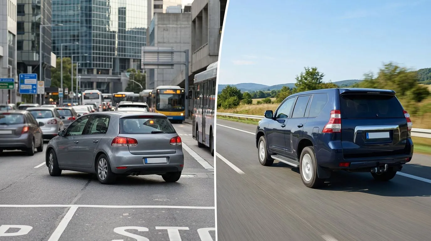 Urban commuting car and highway towing vehicle illustrating petrol vs diesel fit